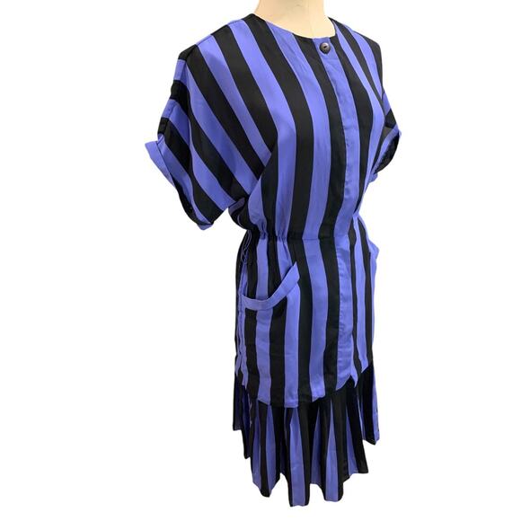 Size 6 Blake Elizabeth Purple Black Stripe Vintage 1980s Dress Pockets Pleated - Picture 7 of 8